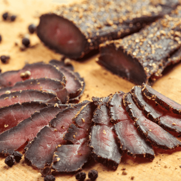 Karoo biltong cut up on a board