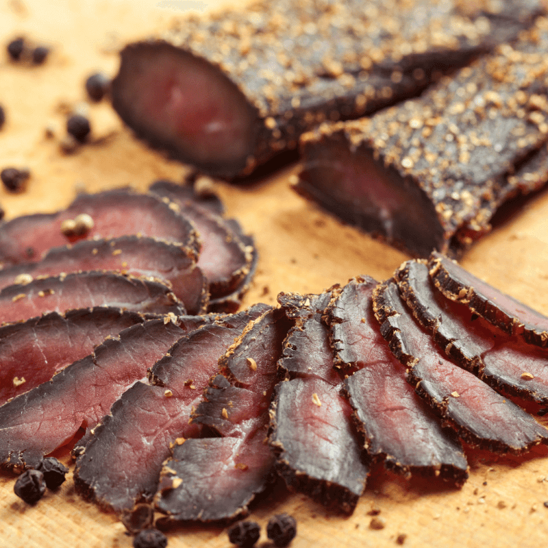 Karoo biltong cut up on a board